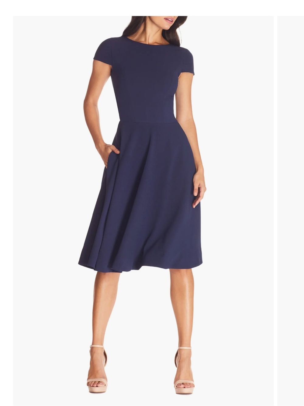 Dress the Population Livia Midnight Blue Navy Short-Sleeve Midi Dress | L - Picture 1 of 7